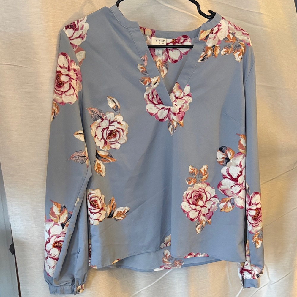 A New Day Floral V-Neck Blouse - Blue and Pink Floral